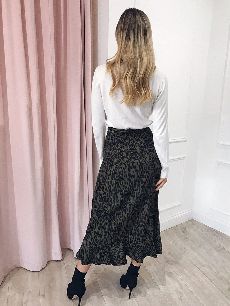 

Spring 2019 Women Leopard Print Midi Skirts Wrap Split Ruffles Aysmmetric Slim Skirt High Waist