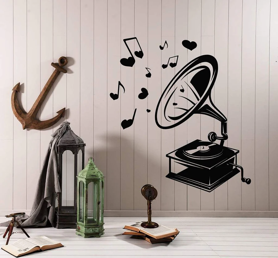 Vintage Retro Music Gramophone Wall Decal Stickers Home Decor Living Room Bedroom Vinyl Art Decals Notes Removable Pattern D369 | Дом и сад