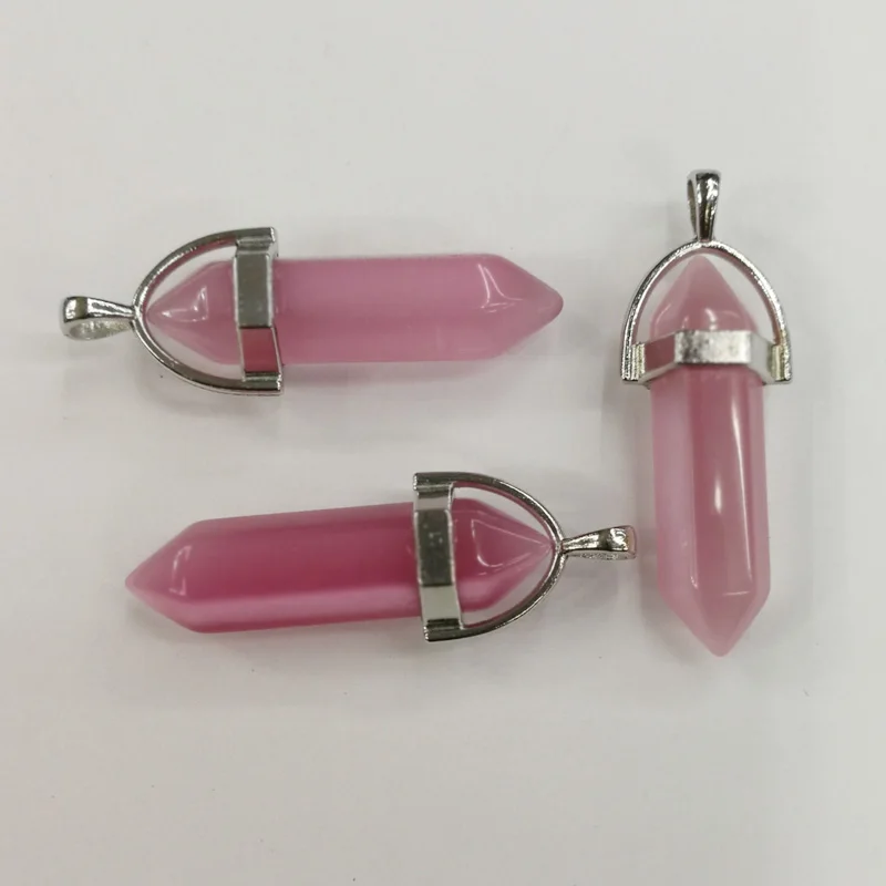 

Wholesale Charms Hexagonal Pointed Healing Reiki Chakra fashion pink color Cat's eye Stone Pendants 12pcs free shipping