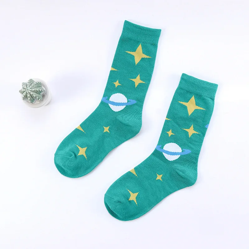 Green planet Harajuku/Веселые мужские носки; забавные мужские носки с ленивцем; женские носки с рисунками животных, инопланетян, Чили, усов, ленивцев; Новинка; носки из чесаного хлопка; забавные носки - Цвет: Green planet