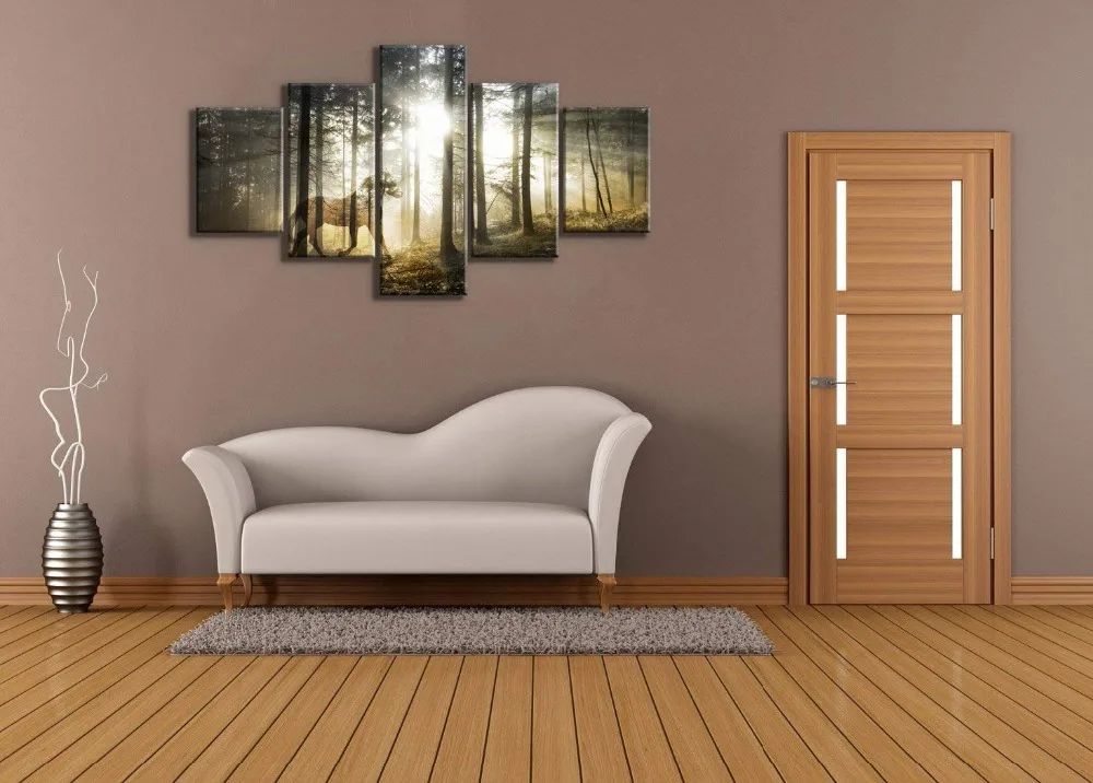 5 Panel Poster Large Printed Oil Painting Forest Horse Canvas Print Home Decorativve Wall Art Pictures For Living Room | Дом и сад