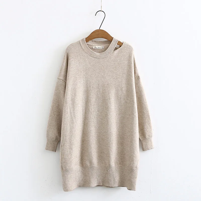 

Women's Solid Color Large Size Long Sweater 2019 Autumn and Winter Exposed One Shoulder Foreign Loose Sweater Bottoming Shirt