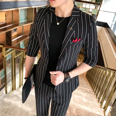 Slim Fit костюм для мужчин половина рукава белый красный в полоску черный 2 шт. Пром