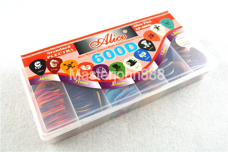 Lots of 600pcs Alice Monster Pattern Matte Celluloid Electric/Acoustic Guitar Picks 6 Thickness Assorted Plastic Box