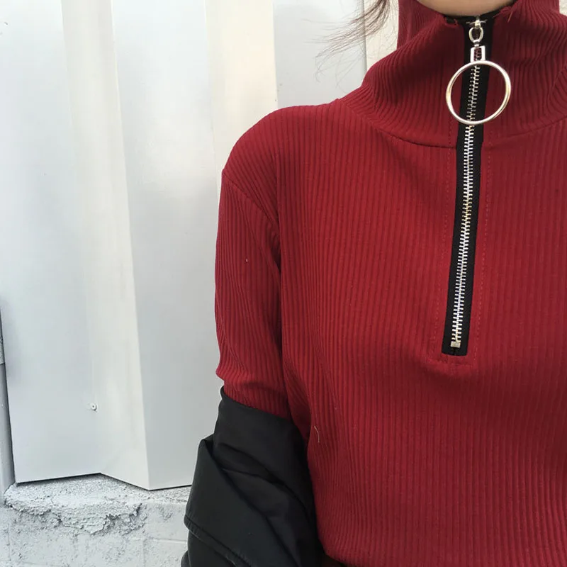 Autumn Winter Women Zipper Sweaters Causal Turtleneck Long Sleeve Knitted Bottom Pullovers Red Black women clothing | Женская одежда