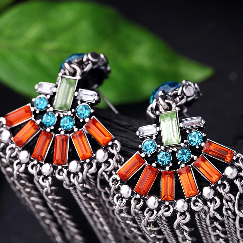 Длинные многоцветные звенья цепи серьги с бахромой женские массивные большие