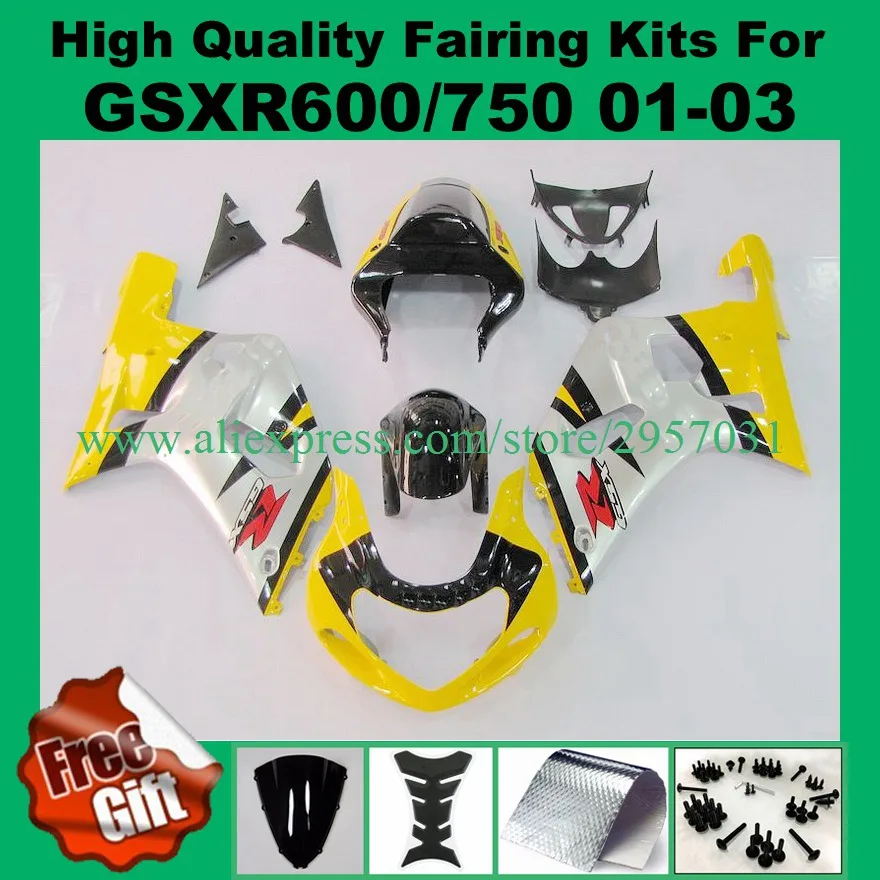 

9Gifts, Injection Fairings for GSXR600 GSXR750 2001 2002 2003 K1 SUZUKI GSX-R750 GSX-R600 01-03 Fairing KITS yellow silver black