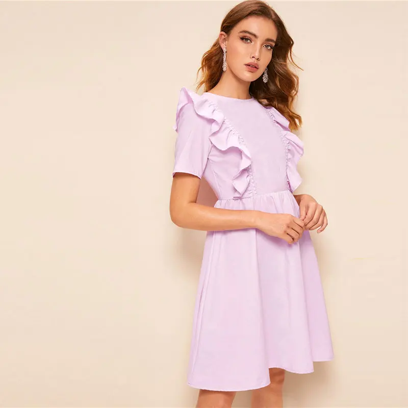 SHEIN однотонное платье миди на молнии сзади с рюшами и проймой женское летнее платье с круглым вырезом и коротким рукавом милое расклешенное ТРАПЕЦИЕВИДНОЕ ПЛАТЬЕ С Высокой Талией