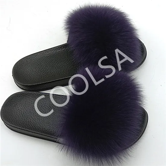 Dark purple COOLSA Для женщин лисий мех тапочки плоские теплые пушистые тапочки Вне Девушки Плюшевые сандалии женские туфли без задника Вьетнамки Большие размеры 11 - Цвет: Dark purple