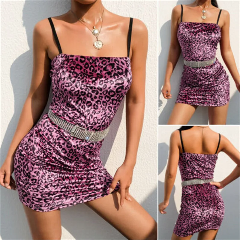 

Women sexy Bodycon Cami dress Strappy Leopard print Mini Dress vestido Summer sexy Party dress club hip dress