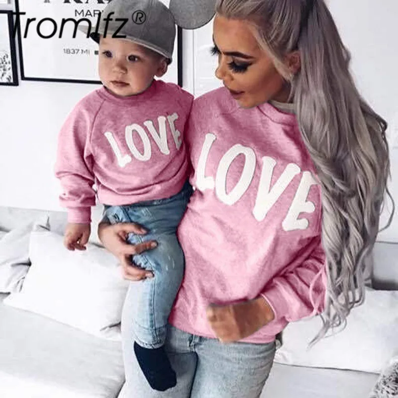 Tromlfz Mother Baby T-shirt 2019 Spring Family Matching Outfits Parent-child Love Letter Print Long Sleeve Pullover Tops | Мать и ребенок