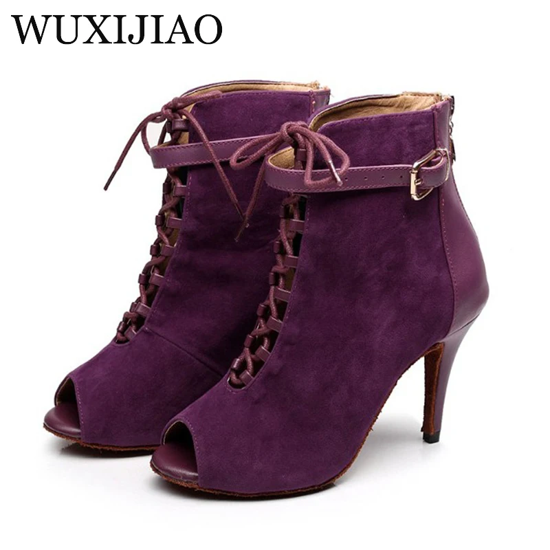 WUXIJIAO Autumn and Winter Black Purple women's velvet Genuine leather Latin dance Salsa Dance Ballroom Shoes heel 10CM