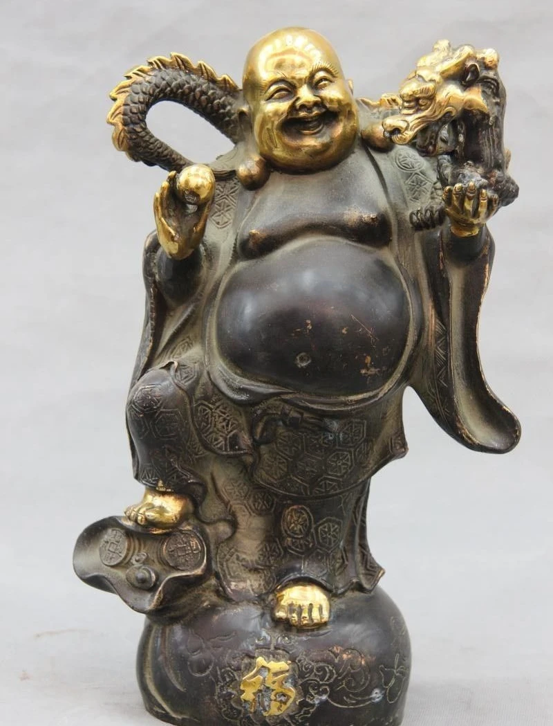 Китай Буддизм Бронза медь Лаки Богатство Фу Дракон Майтрейя Рохан Статуя Будды |