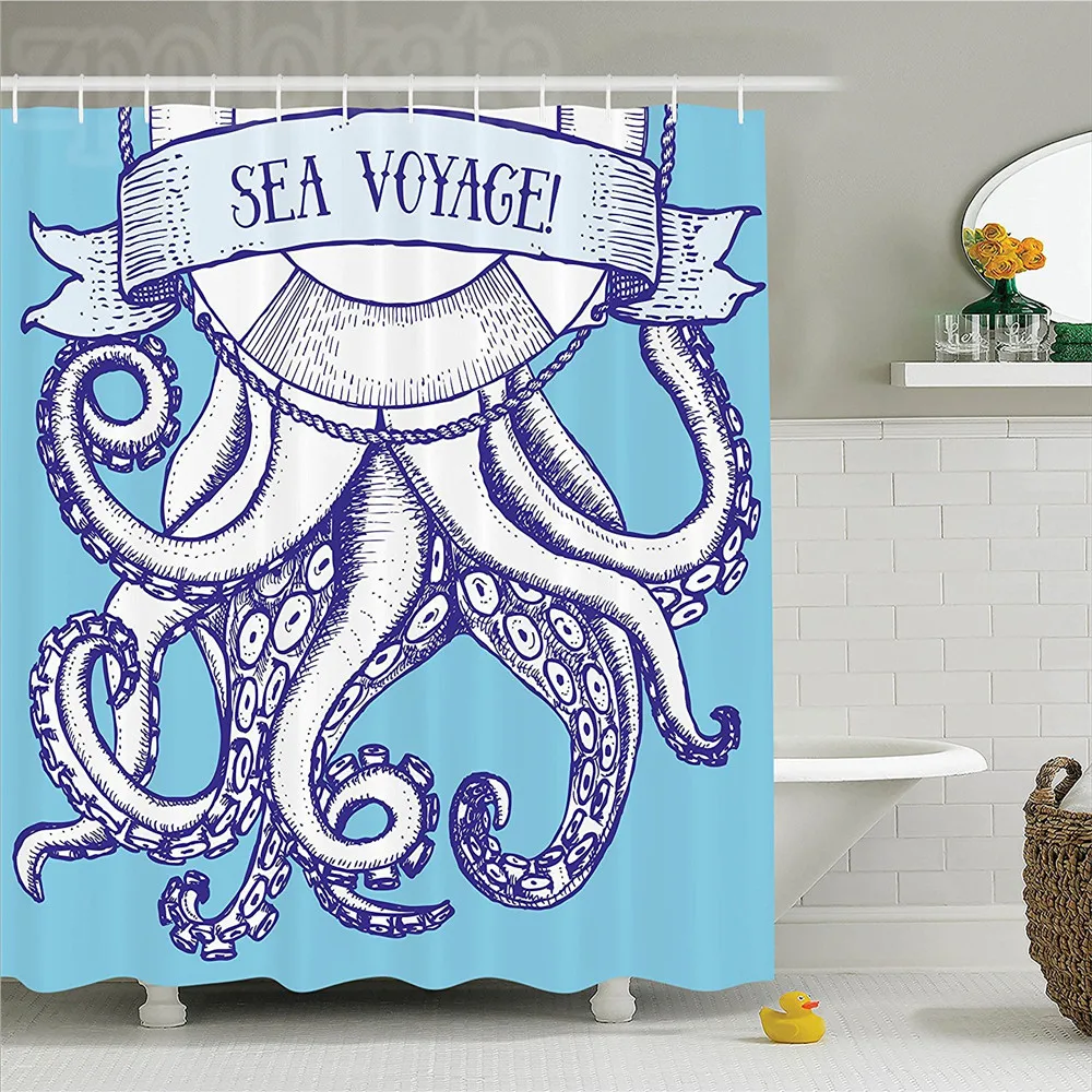 Осьминог Декор душевая занавеска в комплекте и спасательный буй винтажном стиле