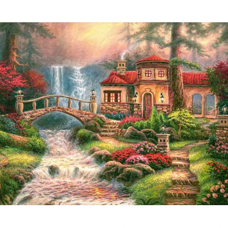 Complete Painting Diamond Picture Scenery Waterfall Bridge House of Cross Stitch Rhinestone Embroidery Mosaic Decoration | Дом и сад