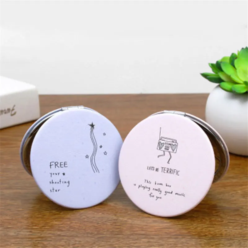 HUAMIANLI Botical Print Make Up Mirror из искусственной кожи, круглое мини-зеркало для девочек, портативное зеркало, двустороннее складное зеркало