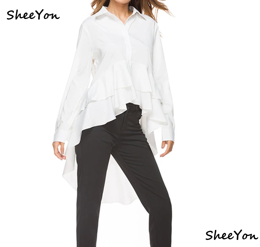 SheeYon ladies spring new white long sleeved Asymmetrical swallow ruffles casual Shirts women 852354 |