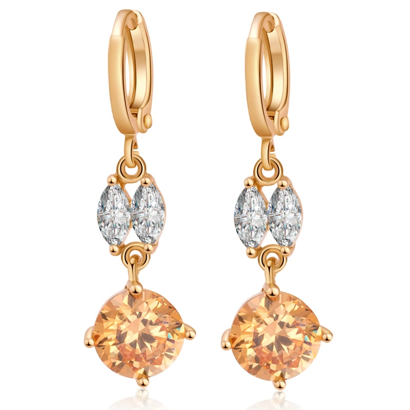 Женские серьги-подвески с круглым цирконом золотистого цвета | Украшения и