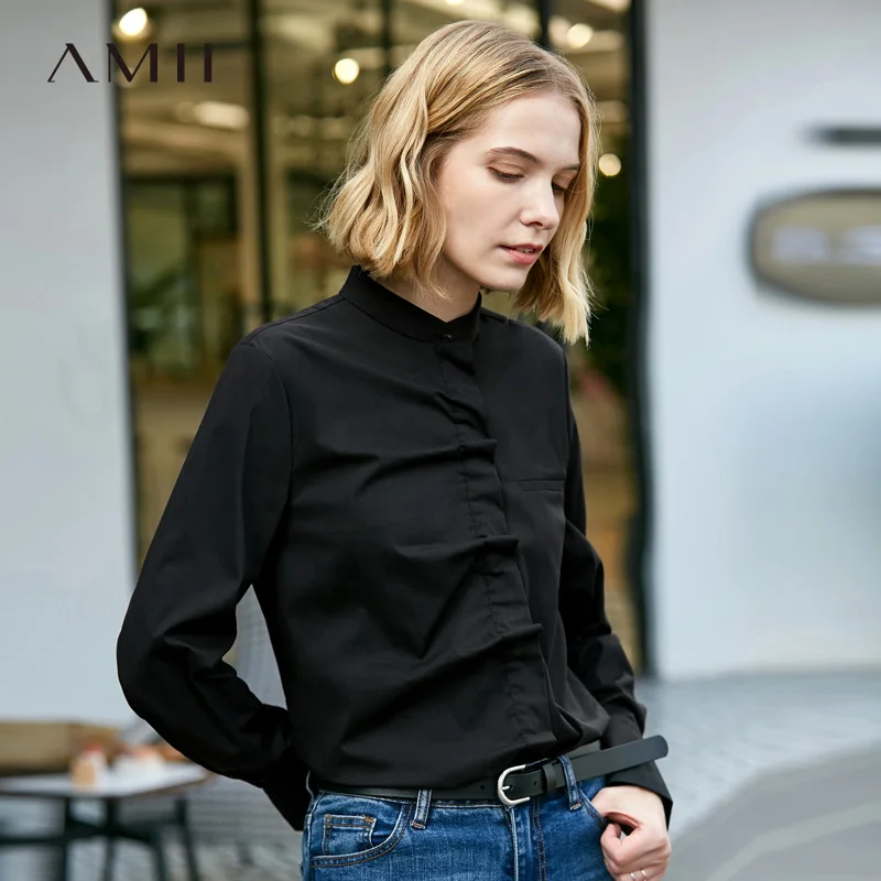 Amii Minimalist Women Shirts Spring New Office Solid Long Sleeve Folds Pleased Strand Collar Causal Female Blouse Shirt