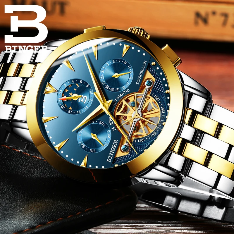 Tourbillon Men Top Luxury Brand Watches Automatic Mechanical Watch Stainless Steel Waterproof BINGER relogio masculino B 1188G|masculino|masculinos