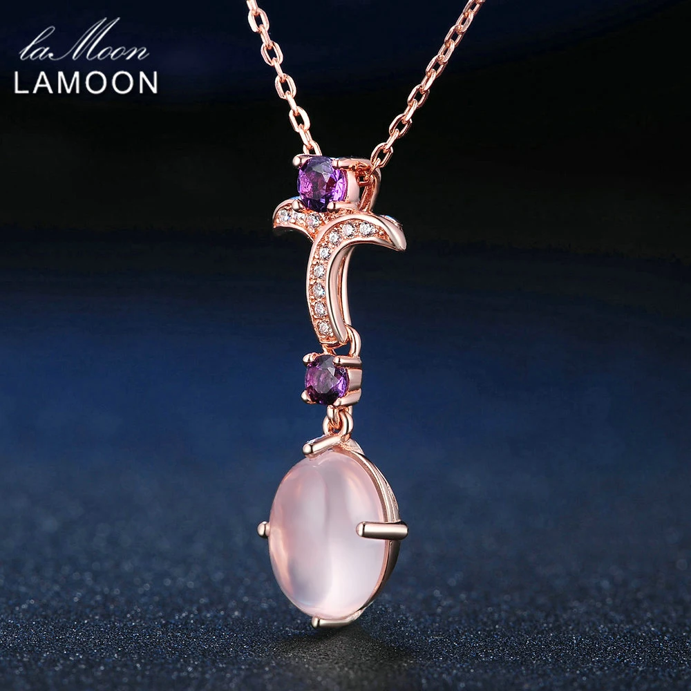 LAMOON- Flower 8X10mm 100% Natural Gemstone Oval Rose Quartz Chain Necklace 925 Sterling Silver Jewelry LMNI013 | Украшения и