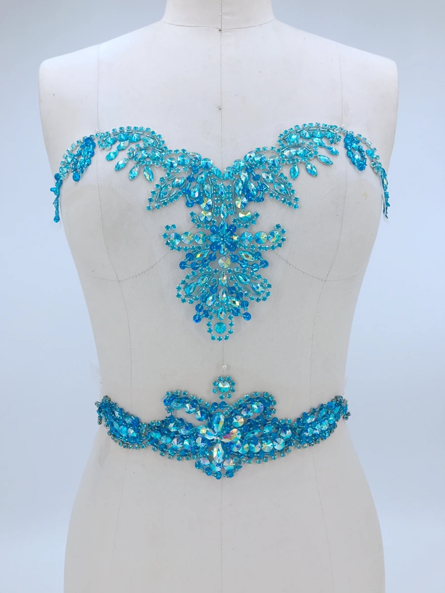 Пришивные вручную светло-Синие стразы аппликация на сетке отделка кристаллами