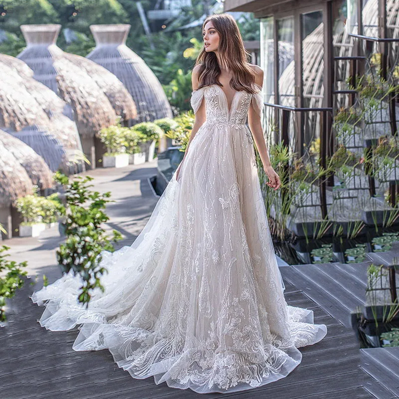 

Eightree Vintage Appliques Wedding Dress Illusion A-Line Lace vestido de noiva Sweetheart Off the Shoulder Bridal Dress Elegant