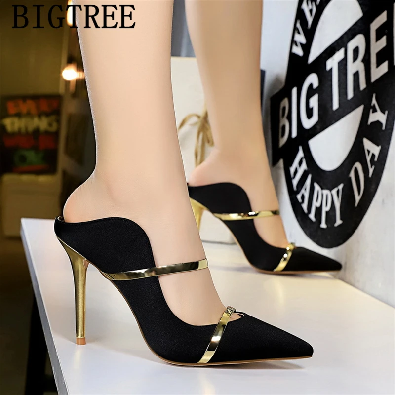 Желтая обувь туфли без пяток на высоких каблуках Bigtree с острым носком Черные