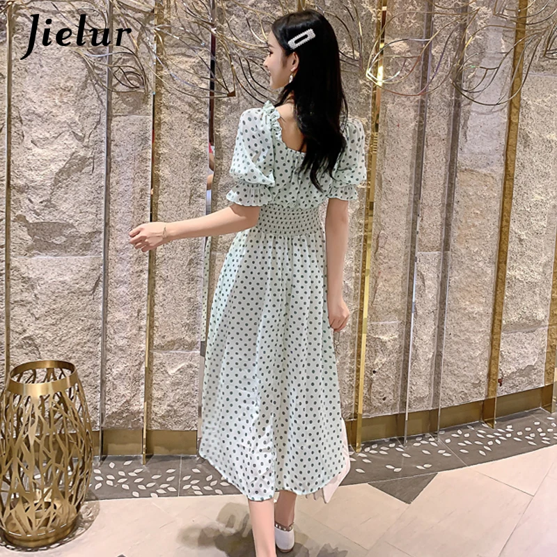 Jielur, шифоновые летние женские платья в горошек, милые, короткий рукав, v-образный вырез, пляжный сарафан, эластичный, трапециевидный, Sukienka Letnia