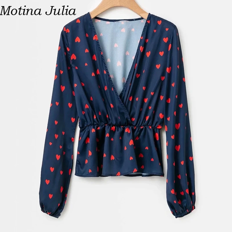 Motina Julia/стильная блузка с v образным вырезом и принтом в виде сердца женские