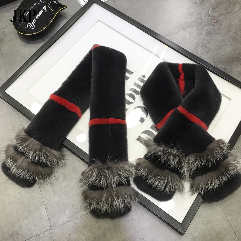 

Winter women whole rex rabbit fur scarf with Silver fox fur collar thick warm scarves shawl
