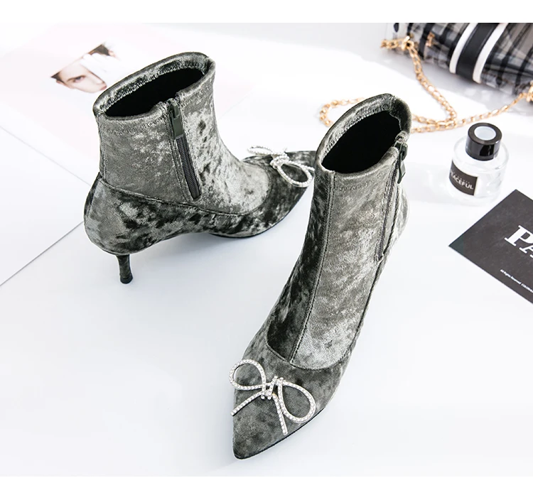 Kmeioo zapatos de mujer женские ботинки Зимние ботильоны на высоком каблуке с кристаллами |