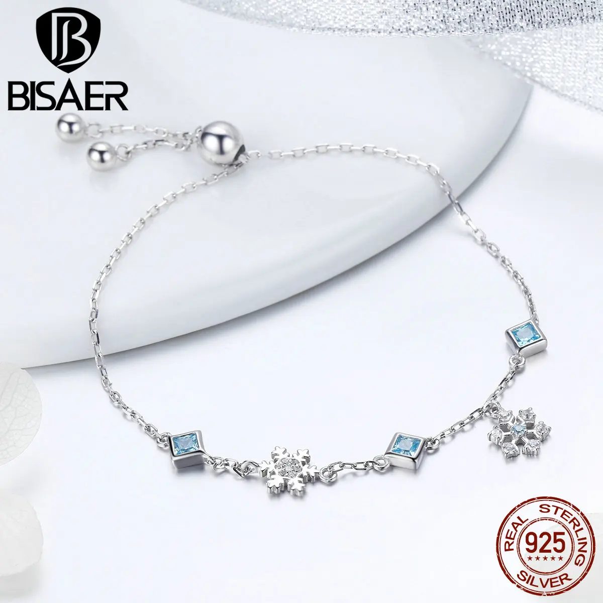 BISAER серебряные браслеты 925 пробы серебряные зимние снежинки Элиза Снежная королева звено цепи браслет для девочки подарок HVB001