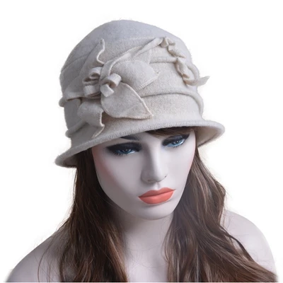Beige Lawliet, женская зимняя шапка, теплая, чистая шерсть, кепка, элегантный цветок, флоппи, шляпа, Fedoras, леди, Клош, ведро, церковная шапка, A219 - Цвет: Beige