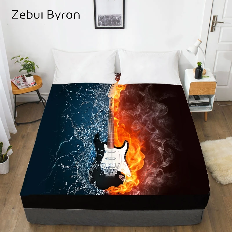 

3D HD Digital Print Custom Bed Sheet With Elastic,Fitted Sheet Twin/Queen/King,Black Music guitar Mattress Cover 150/180/160x200