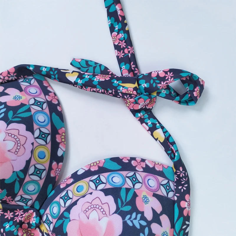 

New Sexy Floral Print Bikini Women Swimsuit Backless Halter Bathing Suit S-XL Underwire Padded Swimwear High Waist Bikini Set