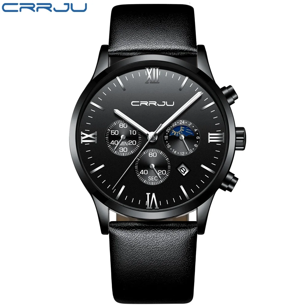 Leather black silver Мужские кварцевые часы с большим лицом CRRJU бизнес секундомер часы с кожаным ремнем светящиеся мужские Ретро спортивные часы Relogio Masculino - Цвет: Leather black silver