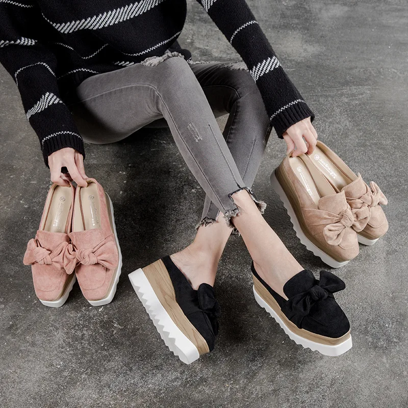 Корейский Slingback мюли для женщин завязанный бант клинья туфли без каблуков шлёпанцы для женщин квадратный носок мокасины на танкетке Платформа bullock обувь pantufla2019
