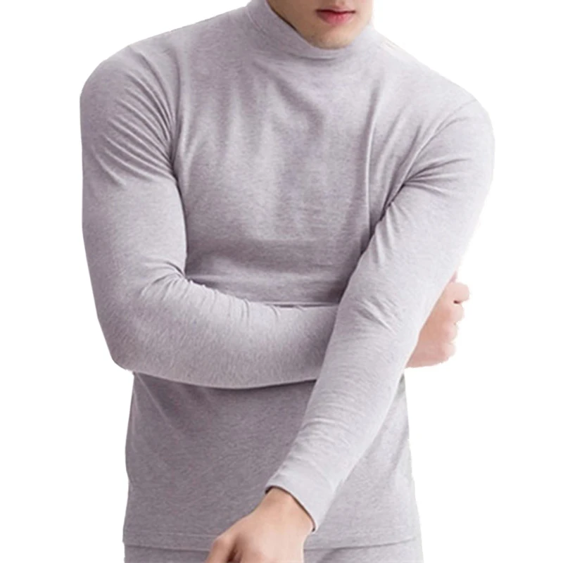 Light Grey Осень зима мужские футболки с высоким воротником и длинным рукавом Водолазка Базовая футболка мужская теплая однотонная облегающая Термобелье Футболка - Цвет: Light Grey