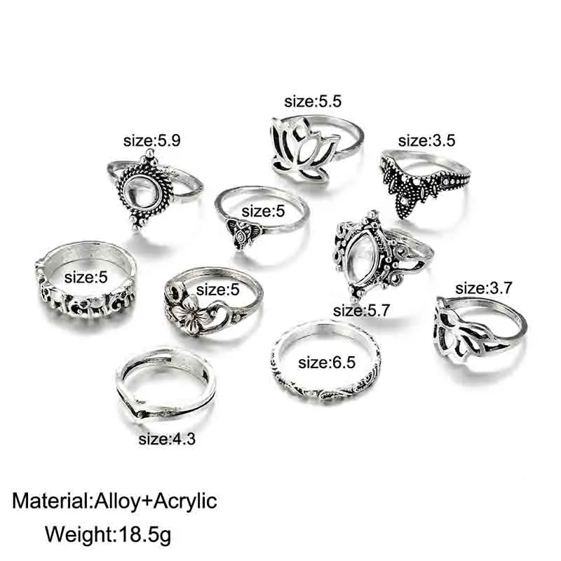 Tibetan Carved Punk 10PCS/Set Rings Vintage Boho Style Flower For Women Jewelry Daily Life Party Midi Hands Accessories | Украшения и