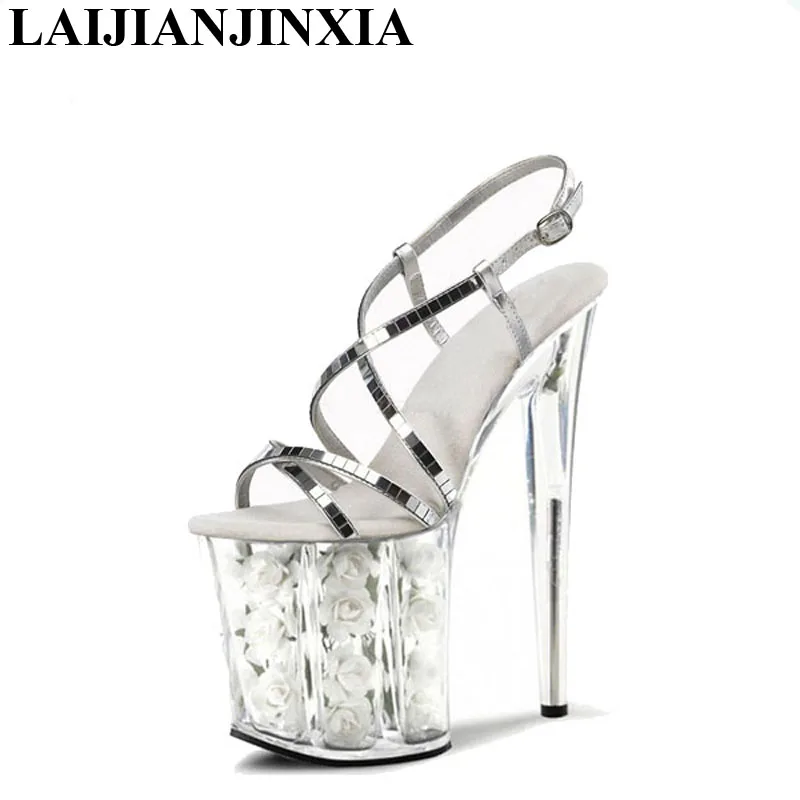 LAIJIANJINXIA Dance Shoes Roman transparent crystal 20cm high heel sandals, rose waterproof platform sexy club sandals