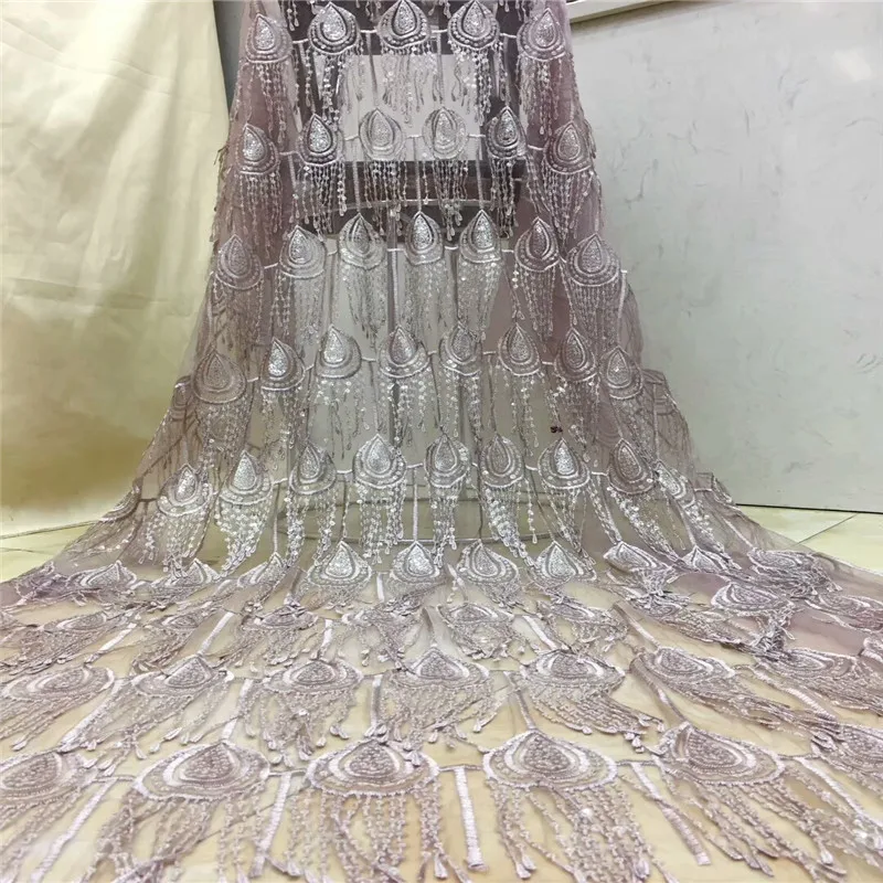 

2019 tassel French Nigerian lace fabrics high quality sequins lace fabric African tulle lace fabric for wedding dress x14-82