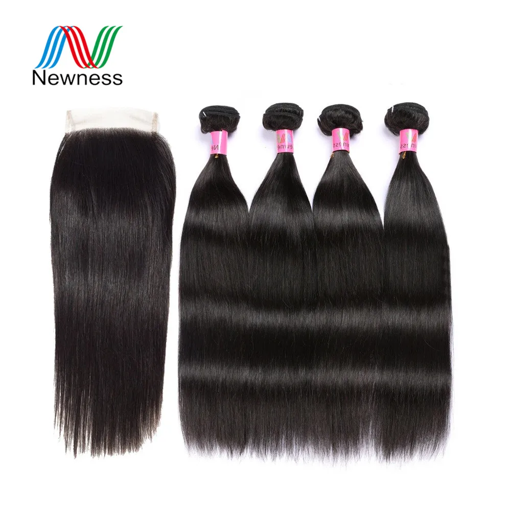 Новейшие волосы перуанские прямые 4 пучка с закрытием 100% Человеческие remy ткет 4*4