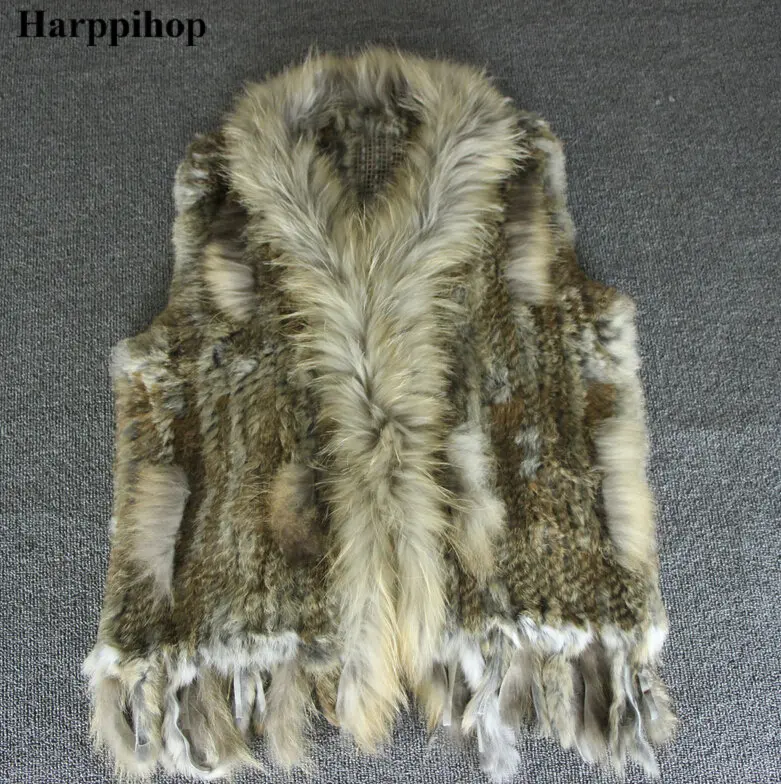 Women Genuine Natural Real rabbit fur Knitted Vests /Waistcoat/ gilet /coats with tassels Raccoon Fur collar