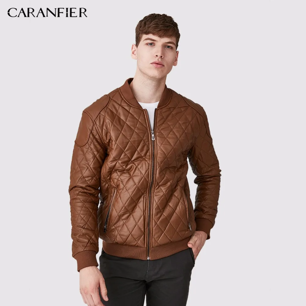 CARANFIER Новая мужская кожаная куртка высокого качества Клетчатая Мужская мода
