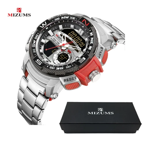 red with box MIZUMS, военные наручные часы, светодиодный, цифровые, спортивные часы для мужчин, золото, нержавеющая сталь, ремешок, двойное время, кварцевые часы для мужчин, Relogio Masculino - Цвет: red with box