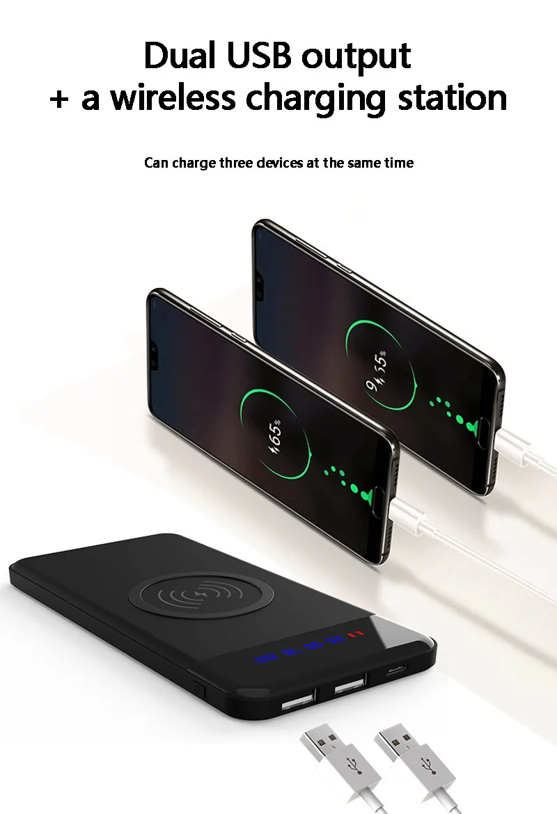 Тонкий 20000 mAh внешний аккумулятор портативный ультра тонкий беспроводной