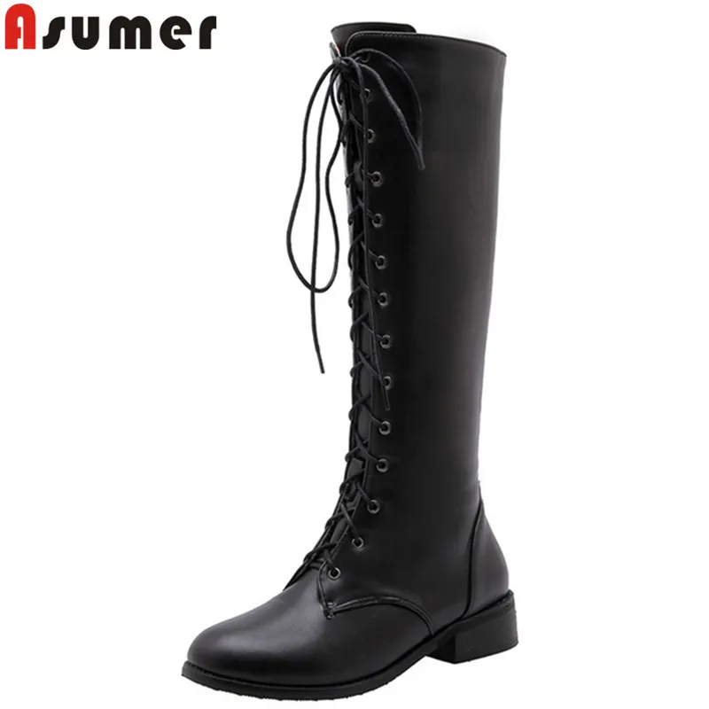 Женские сапоги до колена на квадратном каблуке с круглым носком и перекрестной