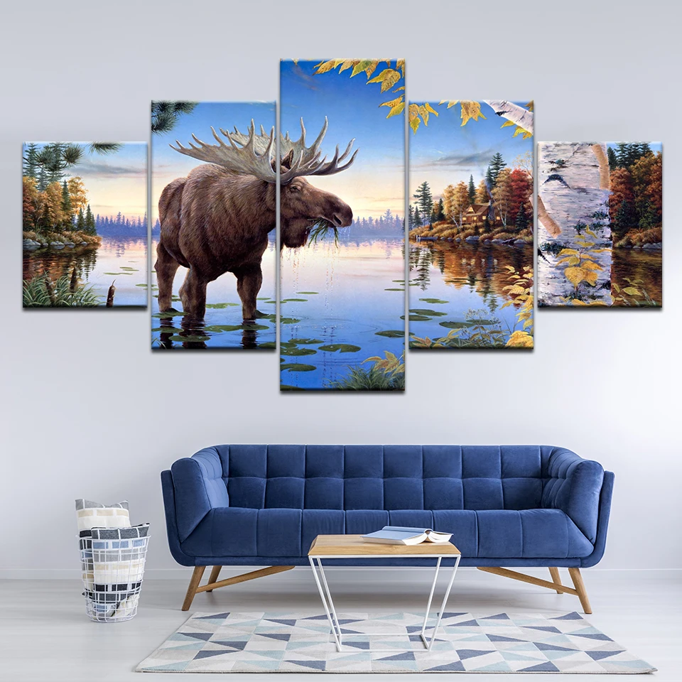 Canvas painting scary cow in the water 5 murals art modular wallpaper poster print for living room home decor | Дом и сад
