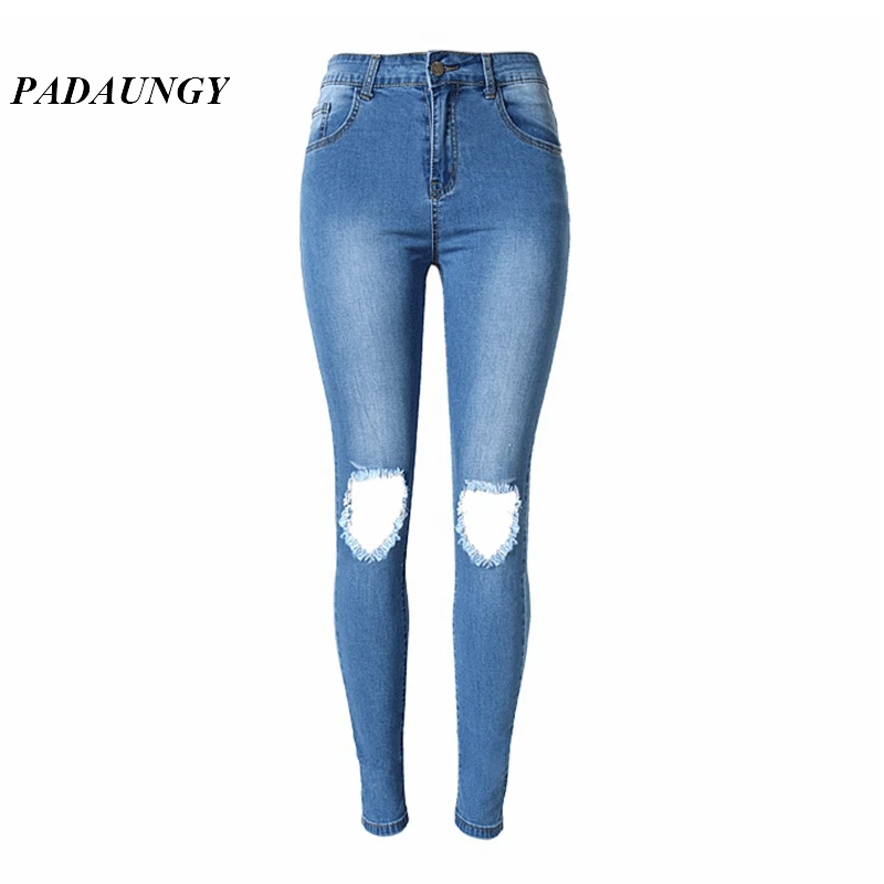 PADAUNGY отверстие Джеггинсы Высокая Талия Джинсы для женщин рваные Pantalon Taille Haute Femme